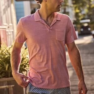 Marine Layer Garment Dye Hemp Resort Polo Shirt Short Sleeve Rosette Pink NWT M